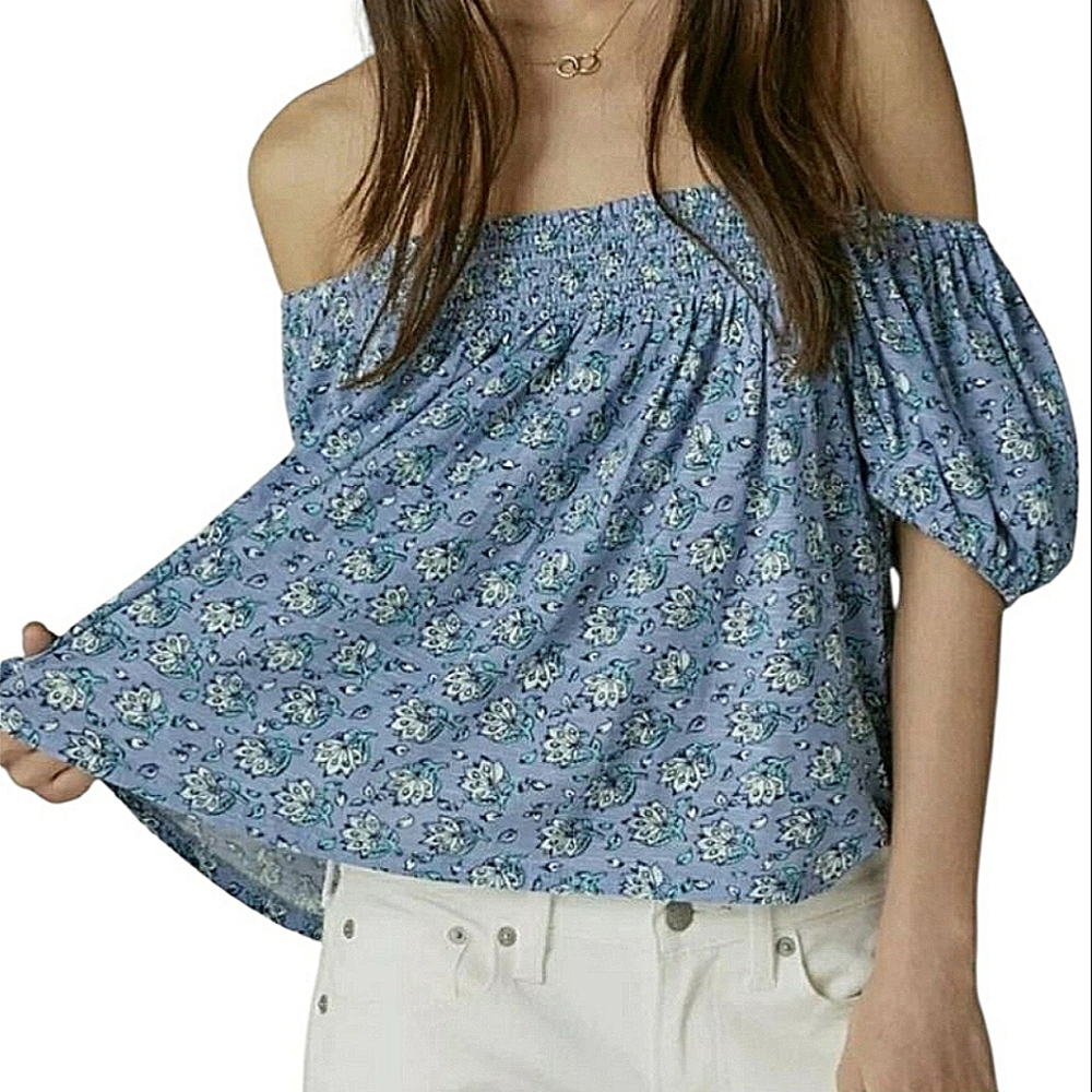 Lucky Band Floral Short Sleeve Top Smocked Blue White Cotton Sustainable Prairie